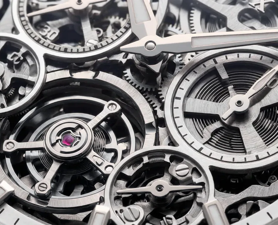 Tourbillon cage and chronograph bridges, macro